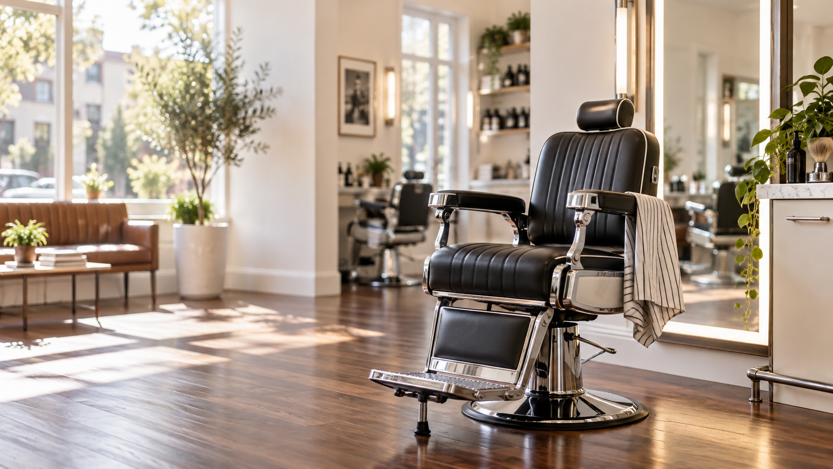 Illustrative bright barbershop scene: a black and chrome barber chair beside a tall backlit mirror