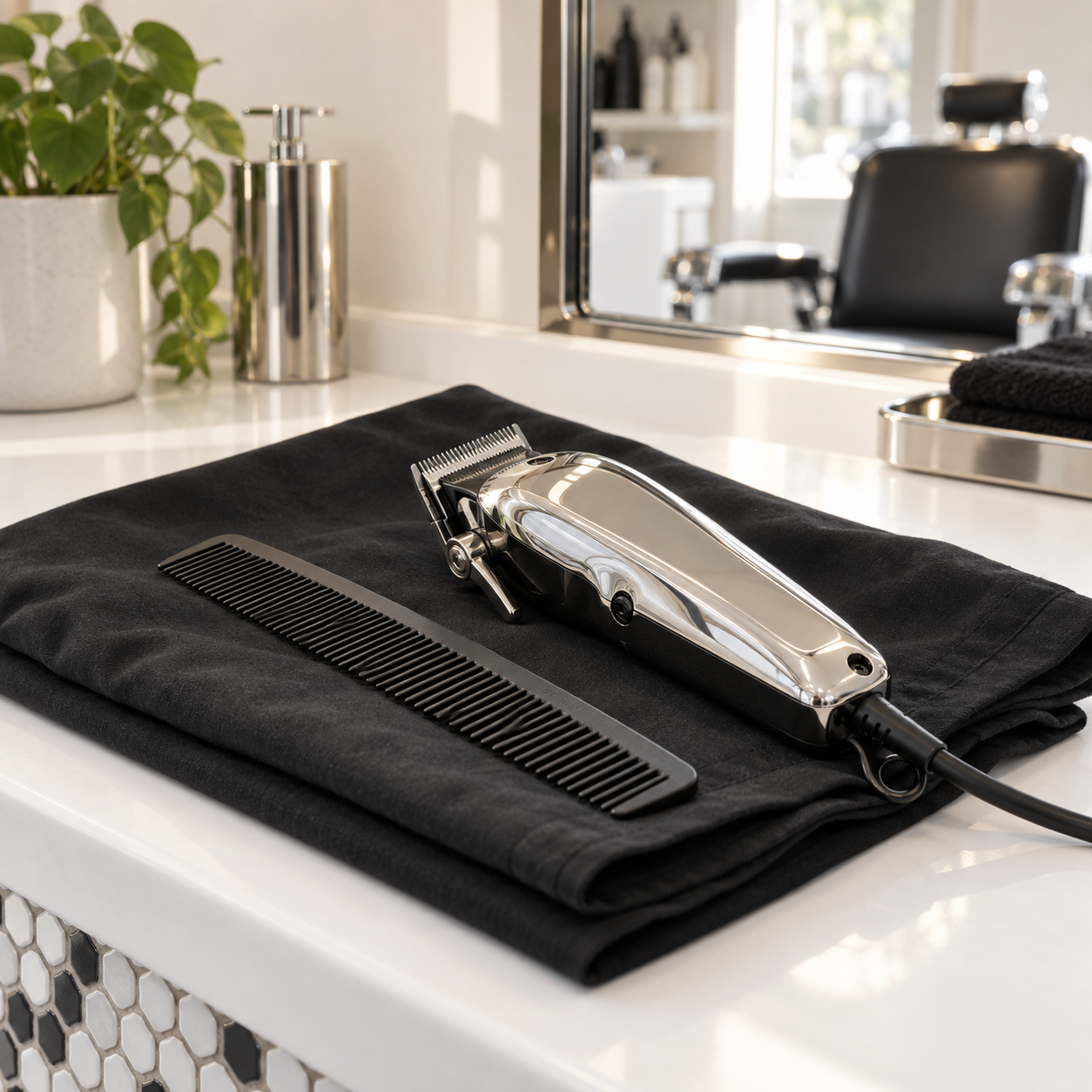 Illustrative close crop of a chrome clipper and comb on a folded black cape